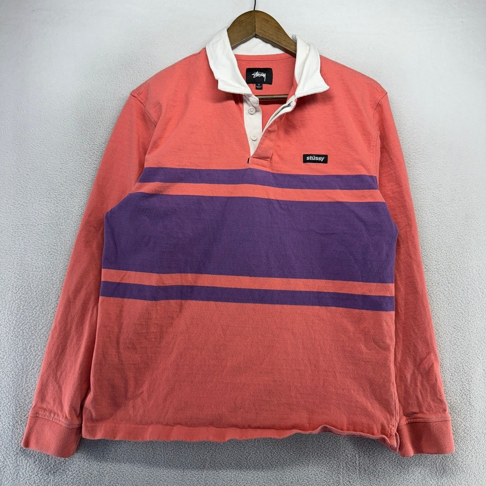 Stussy Rugby Shirt Mens Small Pink Purple Striped Long Sleeve Cotton Colorblock